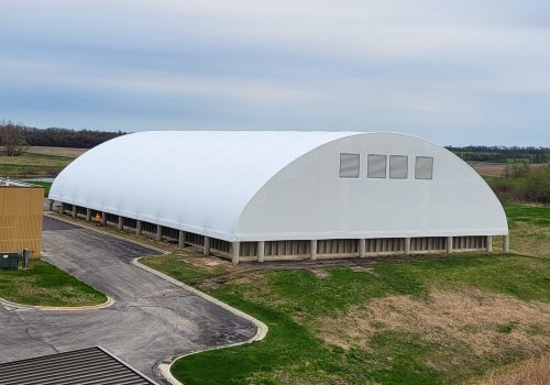 The exterior of a fabric-covered building designed to handle Midwestern climates